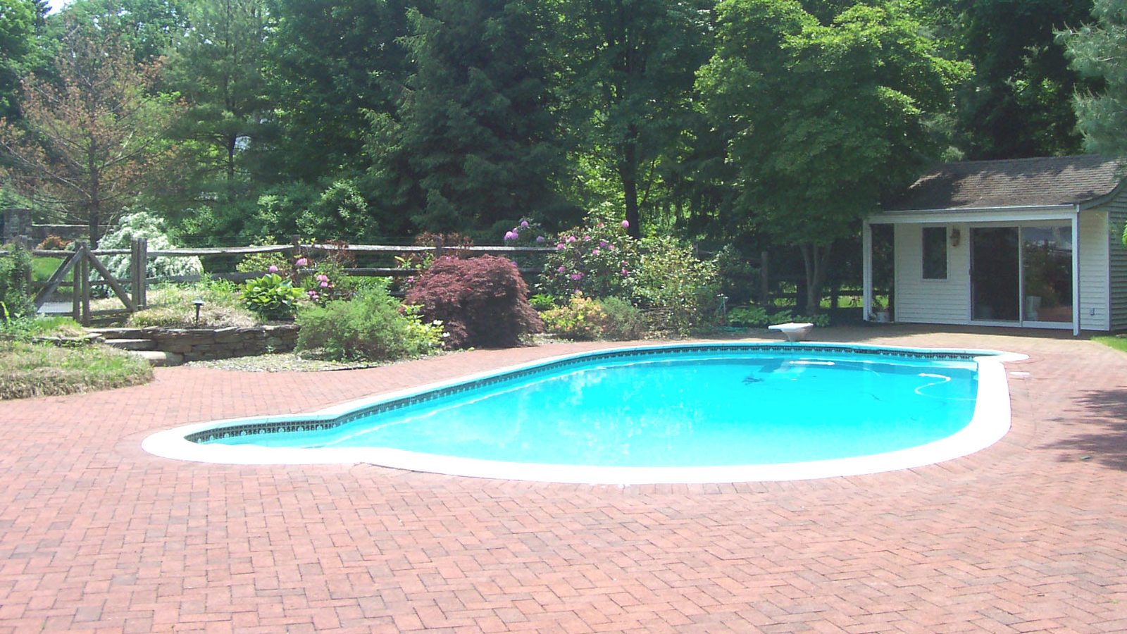 A kidney-shaped backyard pool with a brick deck and trees behind it